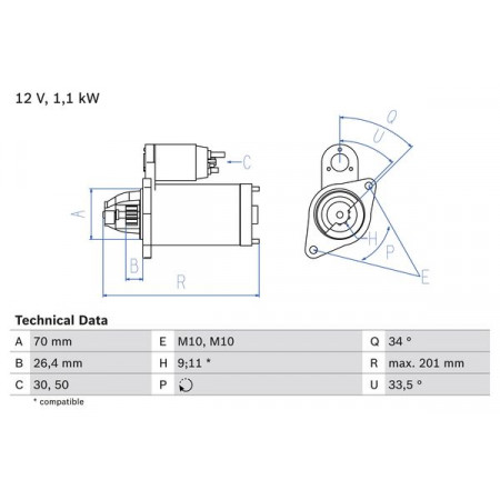 Acionador de partida 12V 11kW se encaixa. MERCEDES C C204 C CL203 C T-MODEL S203 C T-MODEL S204 C W203 C W204 CLC CL203 CLK A209 MERCEDES-BENZ E-CLASS T-Model (S212), Touring, 08.2009 - 12.2016 BOSCH 0 986 020 350