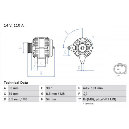 Alternator 14V 110A AUDI A1 A1 CITY CARVER Q2 SEAT ARONA ATECA IBIZA IV IBIZA IV SC IBIZA IV ST IBIZA V LEON LEON SC LEON ST TARRACO TOLEDO IV 1.0-1.5CNG 08.12- BOSCH 0 986 083 270