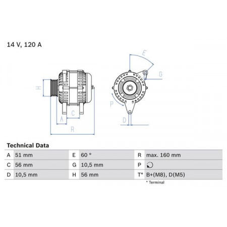 Alternador 14V 120A OPEL CALIBRA A OMEGA B VECTRA A SAAB 900 II 9000 2.0-3.2 07.90-07.03 BOSCH 0 986 039 250